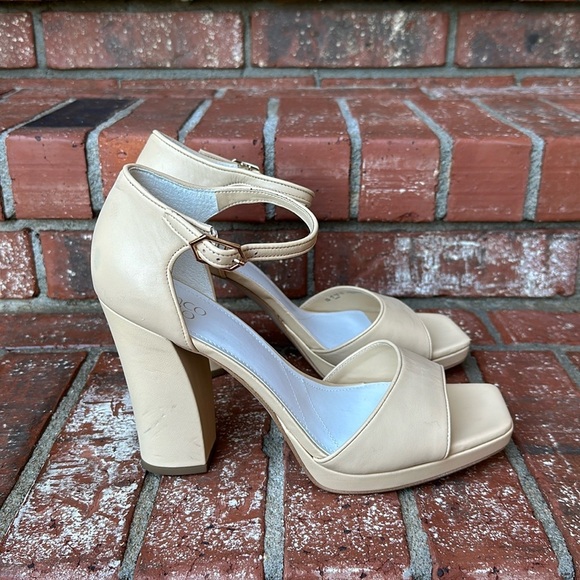 Franco Sarto Shoes - Franco Sarto Dima Beige Leather Ankle Strap Block Heels Women's Size 11